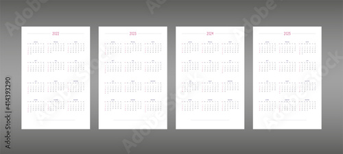 2022 2023 2024 2025 calendar for personal planner diary notebook, cute minimalists style. individual schedule calendar for notebooks. Week starts on sunday