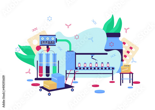 Vaccine development flat concept vector illustration. Medical research. Factory manufacture. Pharmaceutical laboratory 2D cartoon scene for web design. Drug production creative idea