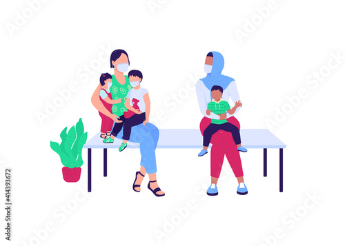 Women with children waiting in hospital flat color vector faceless characters. Line to pediatrics. Queue for clinic appointment isolated cartoon illustration for web graphic design and animation