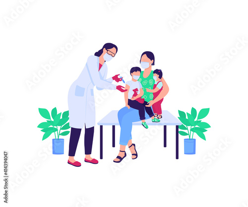Doctor vaccinating children flat color vector faceless characters. Mother with kids. People in medical masks. Healthcare isolated cartoon illustration for web graphic design and animation
