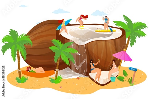 oconut with tiny people on beach, concept, summer vacation, trip for travel tropical vacation, cartoon style vector illustration. Warm squeak, paradise vacation, happy women have fun, outdoors. photo