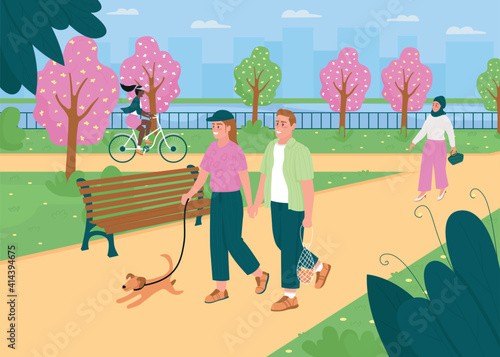 People walk in springtime park flat color vector illustration. Spring season in public city garden. Outdoors recreation. Healthy lifestyle. Happy 2D cartoon characters with cityscape on background