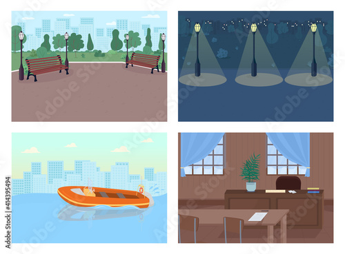 Crime places flat color vector illustration set. Helping people to stay away from dangerous situations. Justice and law facilities 2D cartoon cityscape with big city buildings on background