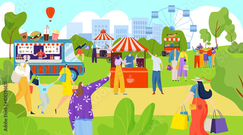 Fair festive on street, food market, city festival, sales business, outdoor event, design cartoon style vector illustration. Joyful people, men and women walk in park, happy seed spend time together.
