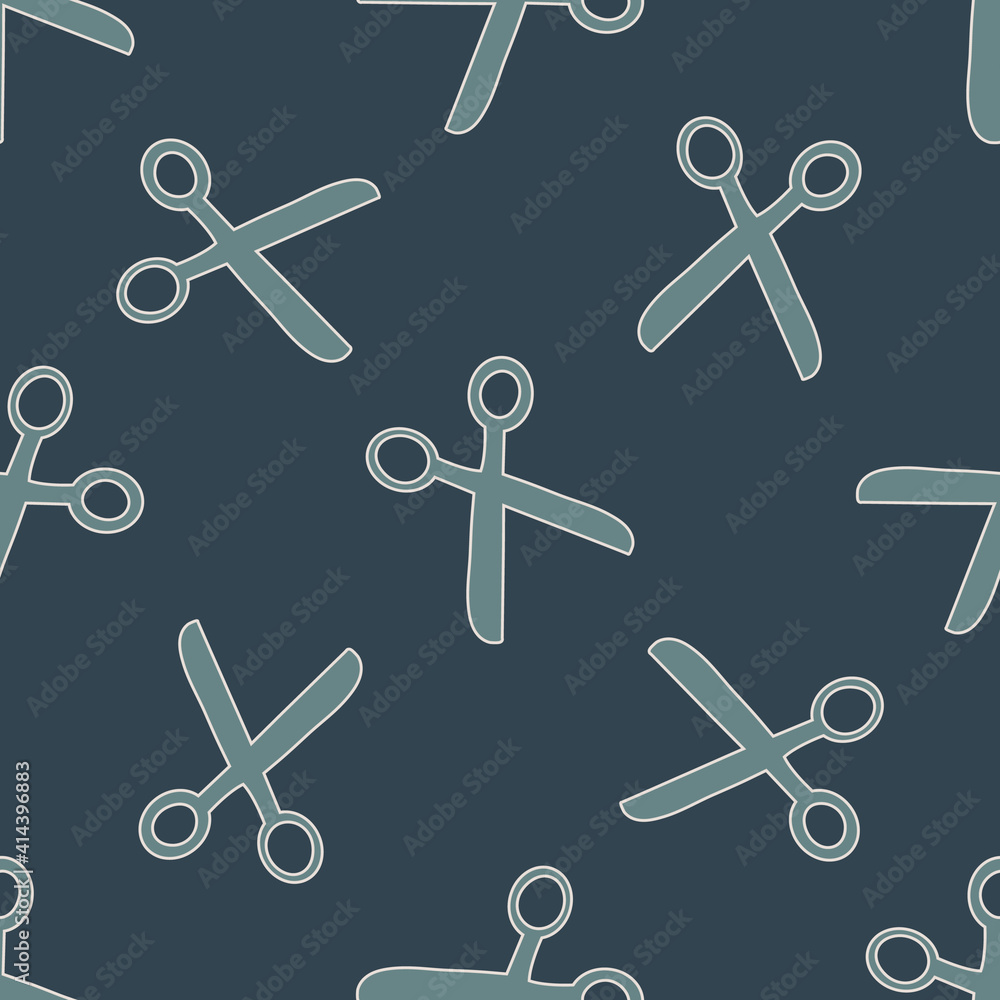 Scissors vector seamless pattern background. Cutting tool symbols blue tone backdrop. Simple monochrome illustration. Barber shop, sewing or craft themed concept. All over print for packaging Scissors vector seamless pattern background. Cutting tool symbols blue tone backdrop. Simple monochrome illustration. Barber shop, sewing or craft themed concept. All over print for packaging