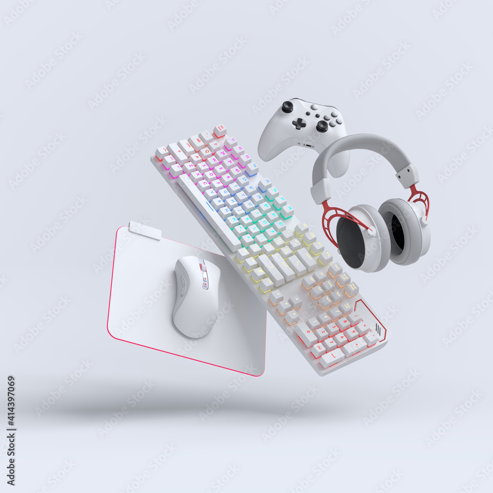 Flying gamer gears like mouse, keyboard, joystick, headset, VR Stock  Illustration | Adobe Stock
