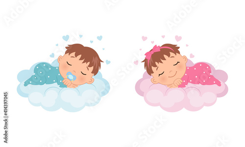 Cute baby girl and boy sleeping on a cloud. Illustration for baby shower, gender reveal, birthday party. Flat vector design.
