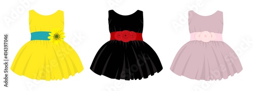 Collection of dresses for babies. Festive cute clothes for little girls. Vector illustration isolated on white background. Tulle skirt. Fluffy skirt. Ornate dress