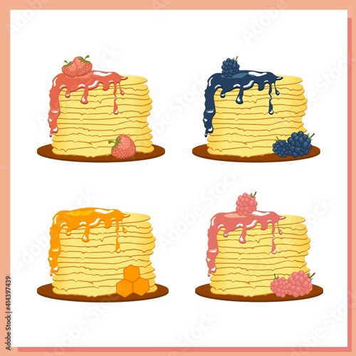 Pancakes illustration on a white background. Plate with pancakes. Maslenitsa is a traditional Slavic holiday. Breakfast