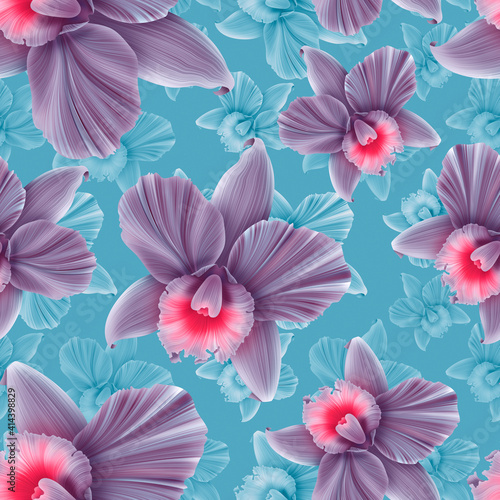 Tropical orchid flowers print background.