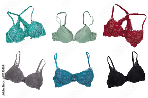 Bra set isolated. Collage of various luxurious elegant sexy colorful bra with laces and straps isolated on a white background. Fashionable women underwear.