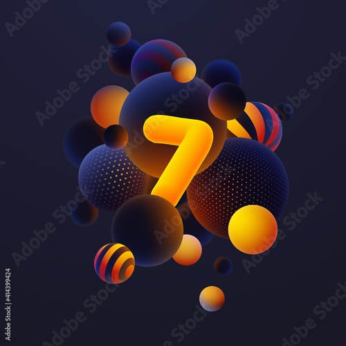 Quadro em tela Luminescent yellow number 7, one with realistic blue balls, blured and luminous, orange balls with patterns, dots and stripes with soft touch feeling in dark background