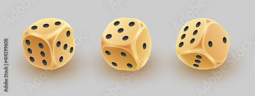Set of 3d golden dice from three different sides on white gray background. Concept for casino, gamble design. Vector illustration for card, party, flyer, poster, decor, banner, web, advertising.