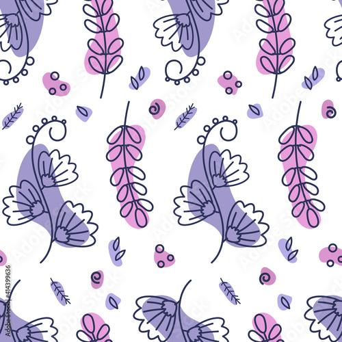 Seamless pattern of purple, pink handdrown flowers and leafs and plants on white background. Vector illustration. photo