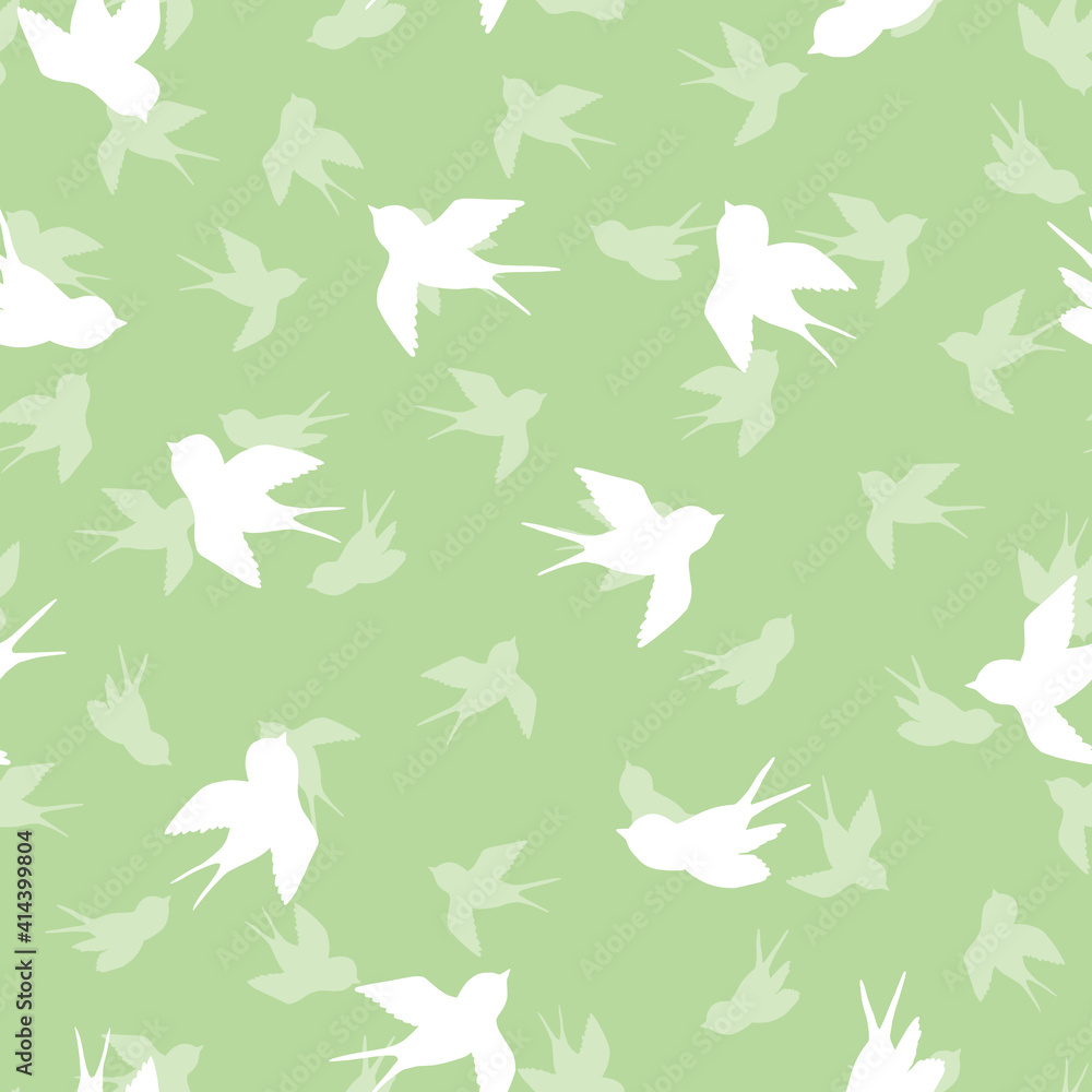 Seamless pattern with white swallow silhouette on green background. Cute bird in flight. Vector illustration. Doodle style. Design for invitation, poster, card, fabric, textile Seamless pattern with white swallow silhouette on green background. Cute bird in flight. Vector illustration. Doodle style. Design for invitation, poster, card, fabric, textile