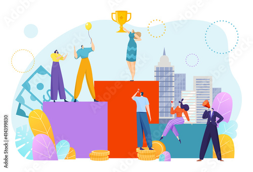 Financial business success, money growth concept, corporate progress, little people, design cartoon style vector illustration. Woman businessman celebrating victory, joyful colleagues, career growth.