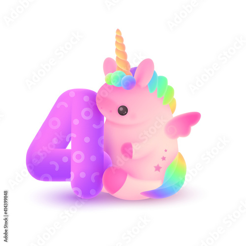 Cute plump pink unicorn with horn, rainbow hair and green number 4. Holiday, birthday  illustration for postcard greeting card, banner, decor, design, arts,  party on white background.