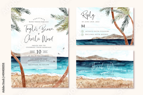 wedding invitation set with beach and palm tree watercolor background
