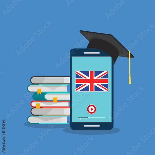 Learn English online on a smart phone. Study, education of foreign language lesson. internet learning course.