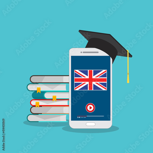 Learn English online on a smart phone. Study, education of foreign language lesson. internet learning course.