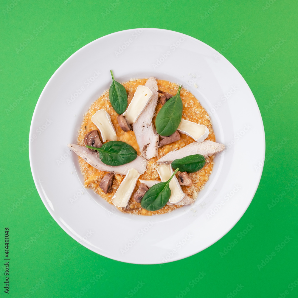 Red lentils with chicken, mushrooms, camembert cheese on white plate on green background. Top view. Close up. Photo for clipping, for the menu Red lentils with chicken, mushrooms, camembert cheese on white plate on green background. Top view. Close up. Photo for clipping, for the menu