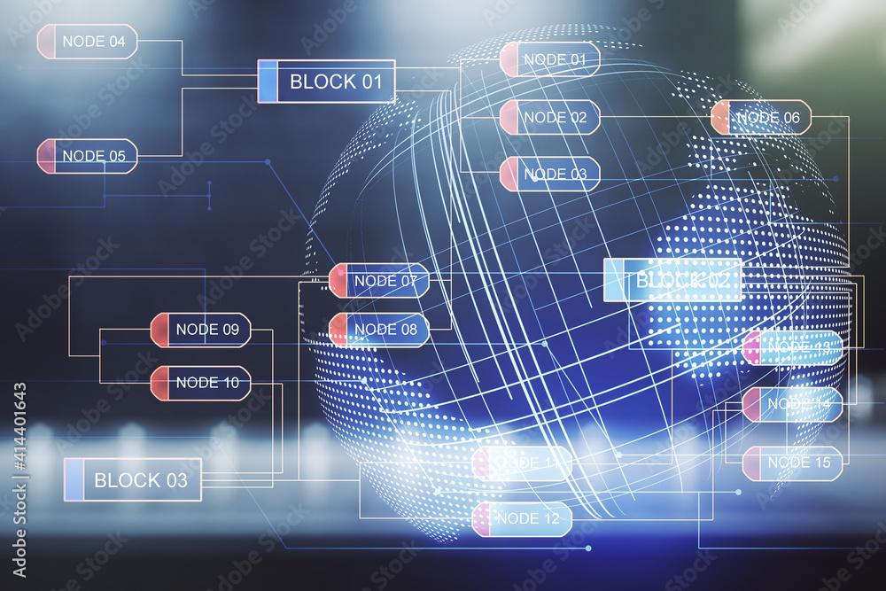 Fototapeta premium Multi exposure of abstract graphic coding sketch and world map on blurry contemporary office building background, big data and networking concept