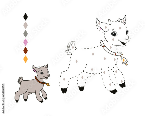 coloring book, by numbers, a little goat jumps merrily by ringing a bell. Vector illustration in cartoon style, line art for the little ones