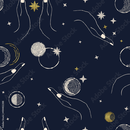 seamless pattern with moon phases, stars and hands