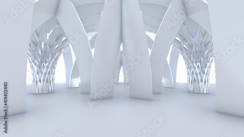 Futuristic architecture background design columns in interior 3d render