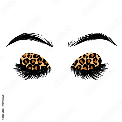 Long black lashes vector illustration. Leopard print eyeshadow. Beautiful Eyelashes isolated on white. For beauty salon, lash extensions maker. Closed eyes. Fashion illustration