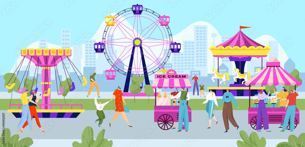 Happy people in amusement park, colorful entertainment festival, carnival holiday, design cartoon style vector illustration. Joyful children at fair walk with their parents, outdoor attractions.