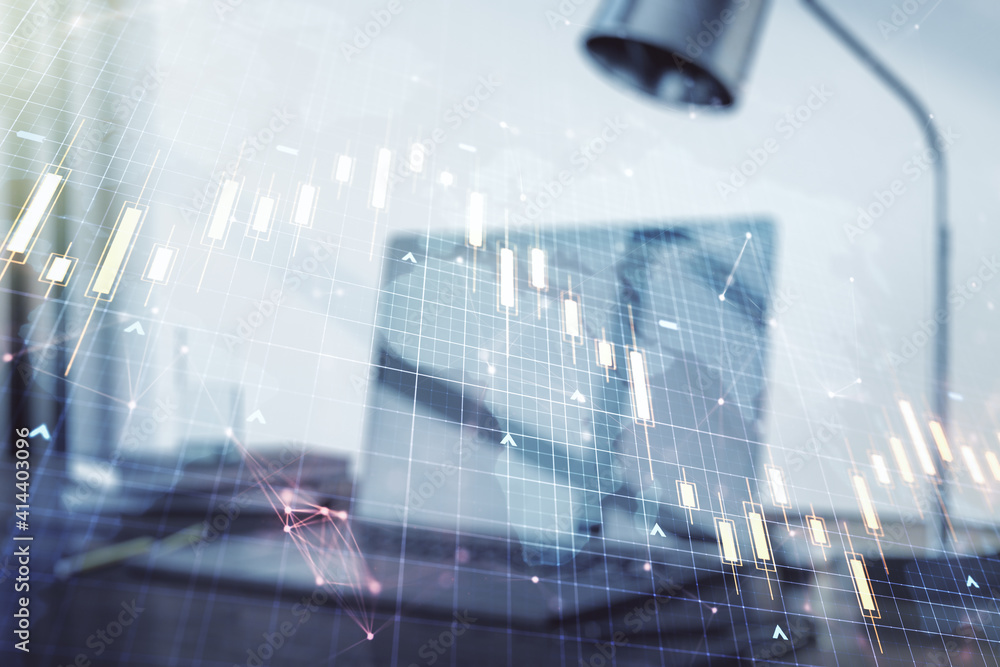 Multi exposure of abstract creative financial chart with world map on laptop background, research and analytics concept Multi exposure of abstract creative financial chart with world map on laptop background, research and analytics concept