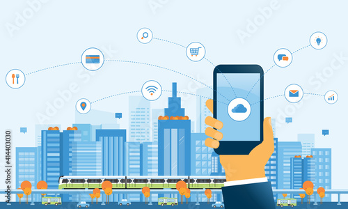 flat vector illustration design business smart city concept and social network connection for online business background. with hand hold mobile phone 