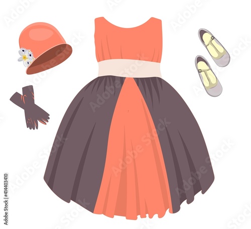 holiday shoes for girls, children's model shoes. Beautiful ball gown dress. Skirt with tulle and bow. Princess outfit. Vector illustration isolated