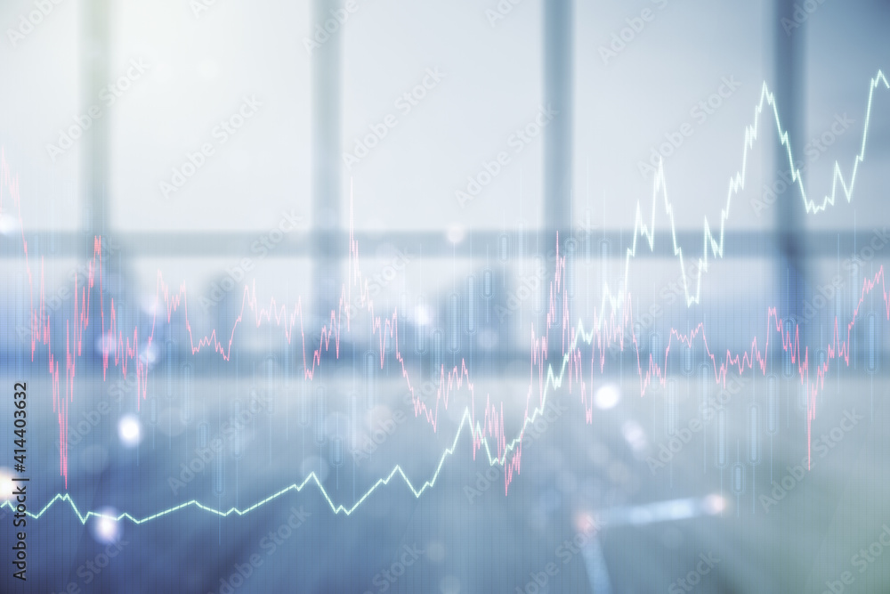 Double exposure of virtual creative financial diagram on empty room interior background, banking and accounting concept Double exposure of virtual creative financial diagram on empty room interior background, banking and accounting concept