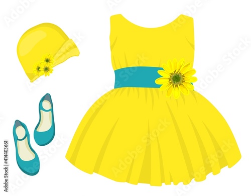 holiday shoes for girls, children's model shoes. Beautiful ball gown dress. Skirt with tulle and bow. Princess outfit. Vector illustration isolated