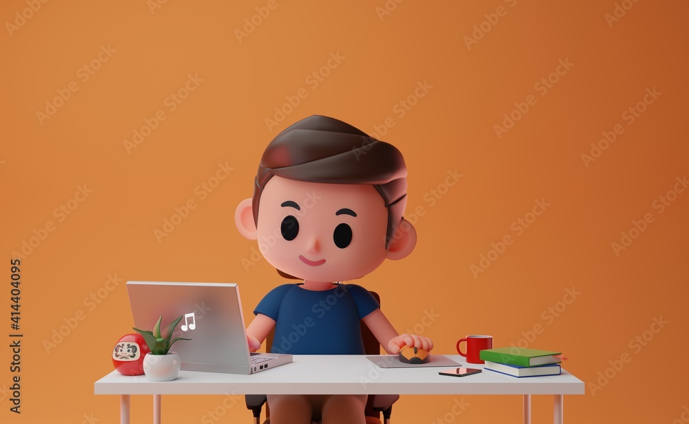 3D render illustration of male, boy teenager working, using computer on desk with books, a cup of coffee, and plant pot,and a lucky doll work from home concept