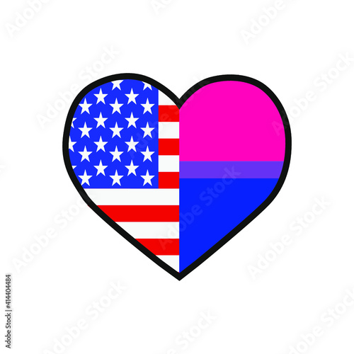Vector illustration of the heart filled with the United States of America flag and the Bisexual pride flag on white background.