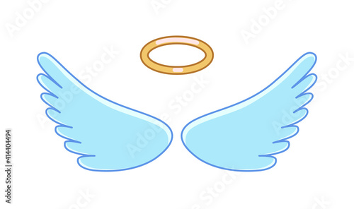 Feathered angel wing and gold halo insignia emblem isolated