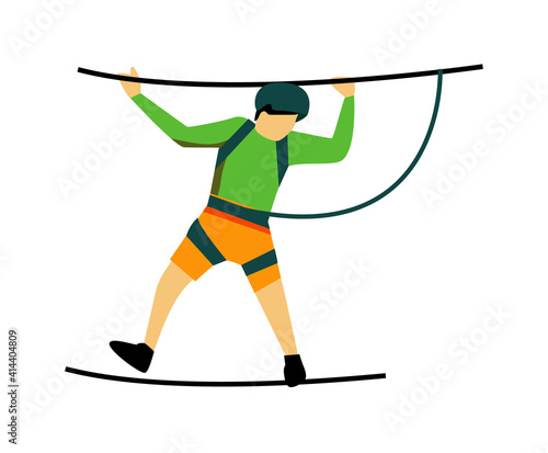 Child person walking on rope bridge isolated on white