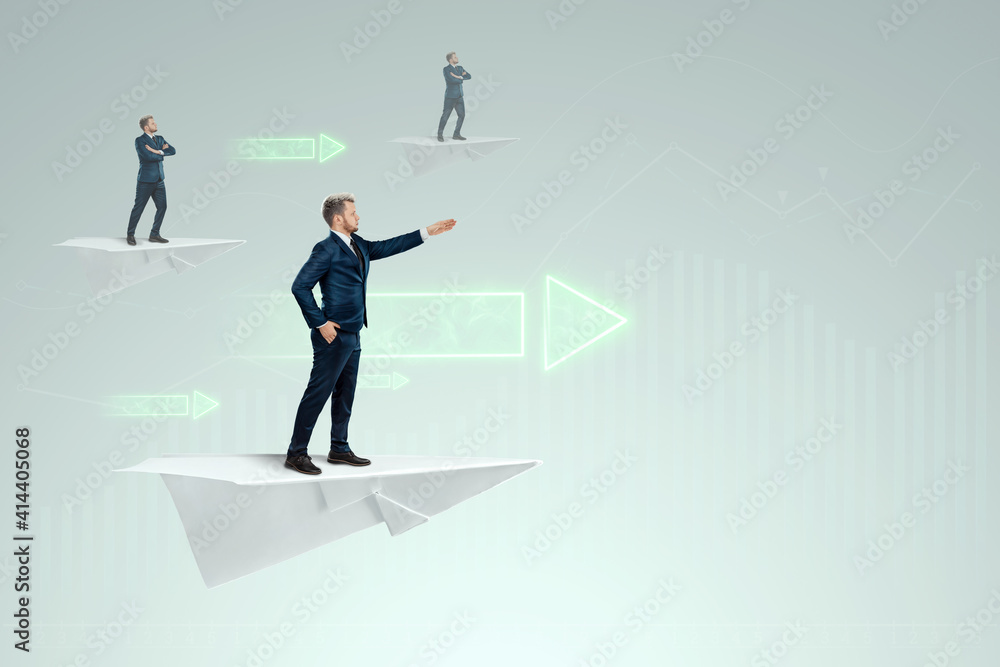Startup. Businessman flying on a paper airplane and arrows forward. Opportunity concept, investment, business angels. Startup. Businessman flying on a paper airplane and arrows forward. Opportunity concept, investment, business angels.
