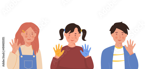 Set of children with Down Syndrome. Male and female kids with genetic disorder and painted blue and yellow hands. Characters for people with special needs. Flat Vector illustration isolated on white.