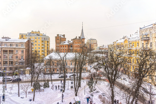Snowfall on winter streets of Kiev city, Ukraine