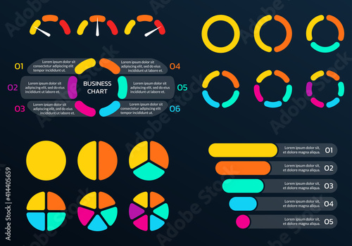 Infographic set with a circle diagram or pie chart, funnel pyramid or marketing cone, speedometer or meter for info graphic. Business process layout with steps or options. Vector illustration.