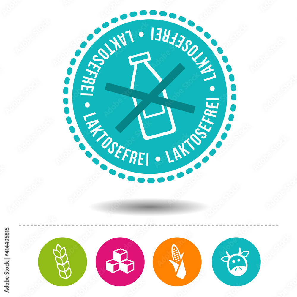 Laktosefrei Siegel und Ernährung Icons.