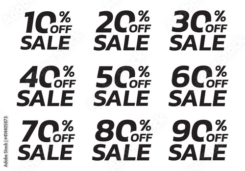 Sale and discount tag, sticker or label set. 10, 20, 30, 40, 50, 60, 70, 80, 90 percent price off badges. Promotion, ad banner, promo coupon design elements. Vector illustration.