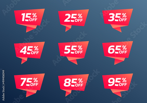Sale and discount tag, sticker or origami label set. 15, 25, 35, 45, 55, 65, 75, 85, 95 percent price off badges. Promotion, ad banner, promo coupon design elements. Vector illustration.