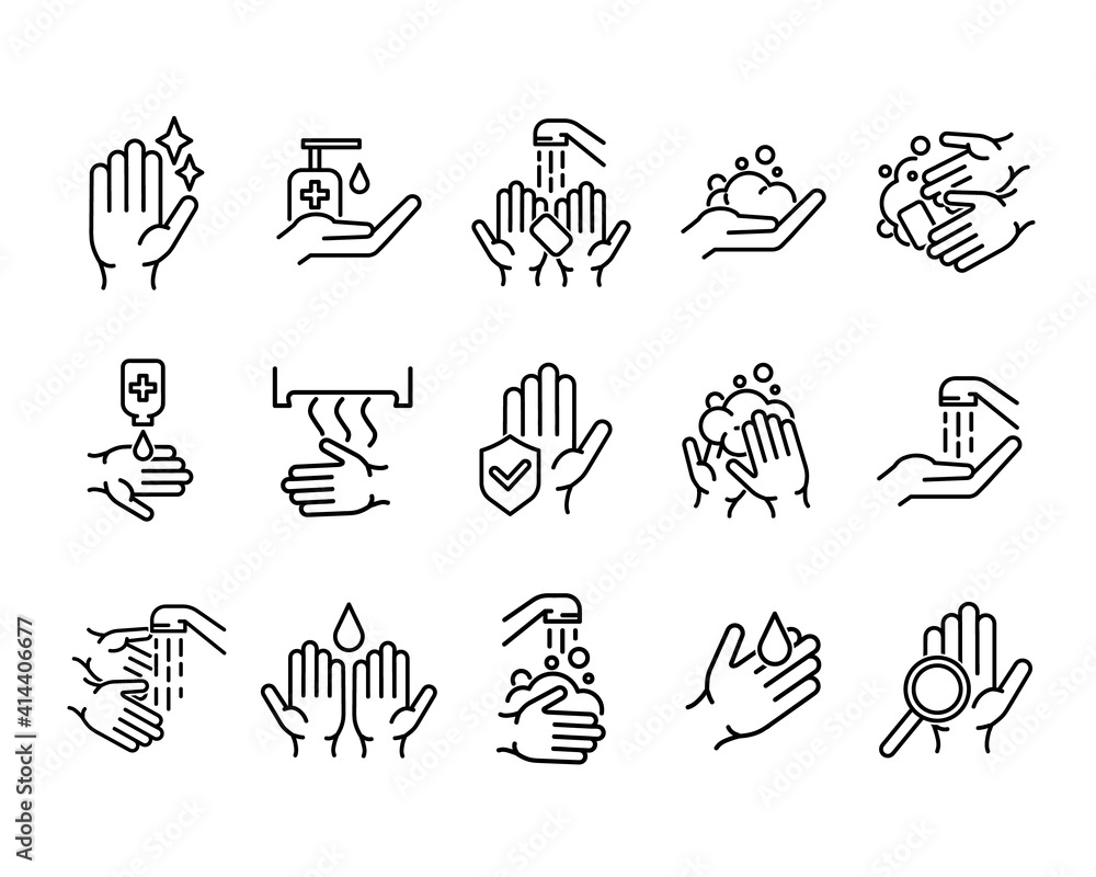 Plakat Hands washing flat icon set. Tutorial pictogram for web. Line stroke. Isolated on white background. Vector eps10. Water stream on the hands.