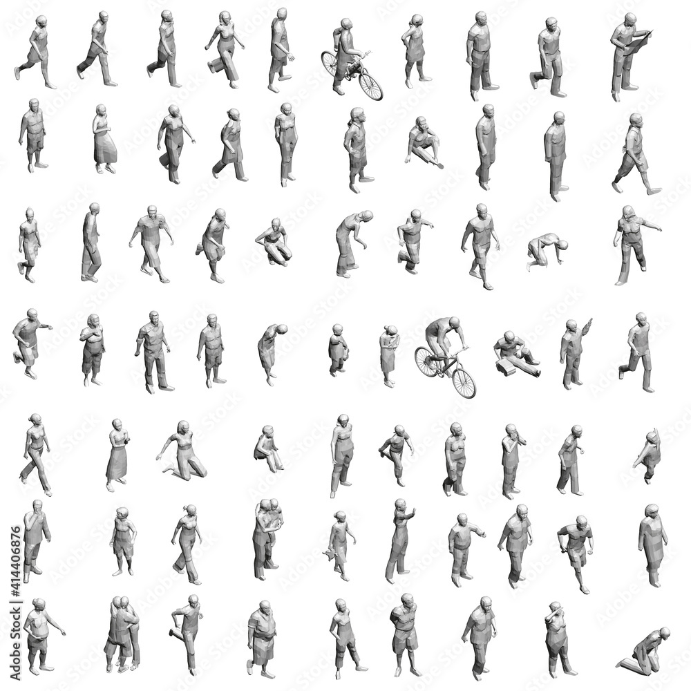 Set with different people in different positions. Polygonal figures of men, women, children. 3D. Vector illustration