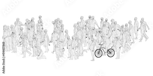 A crowd of different people in different positions. Wireframe figures of men  women  children. 3D. Vector illustration
